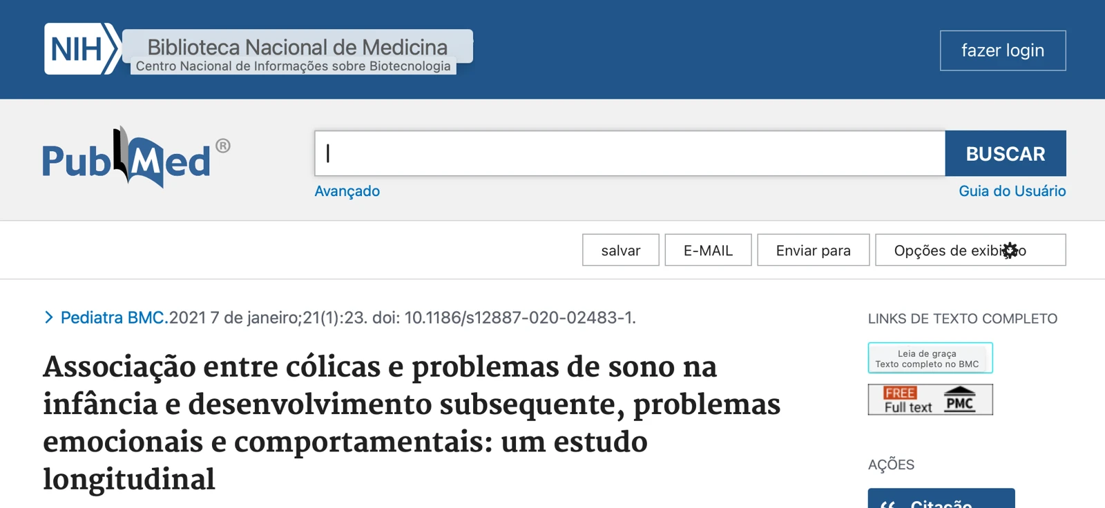 Print do estudo noruegués em PubMed sobre cólica e sono na infância.