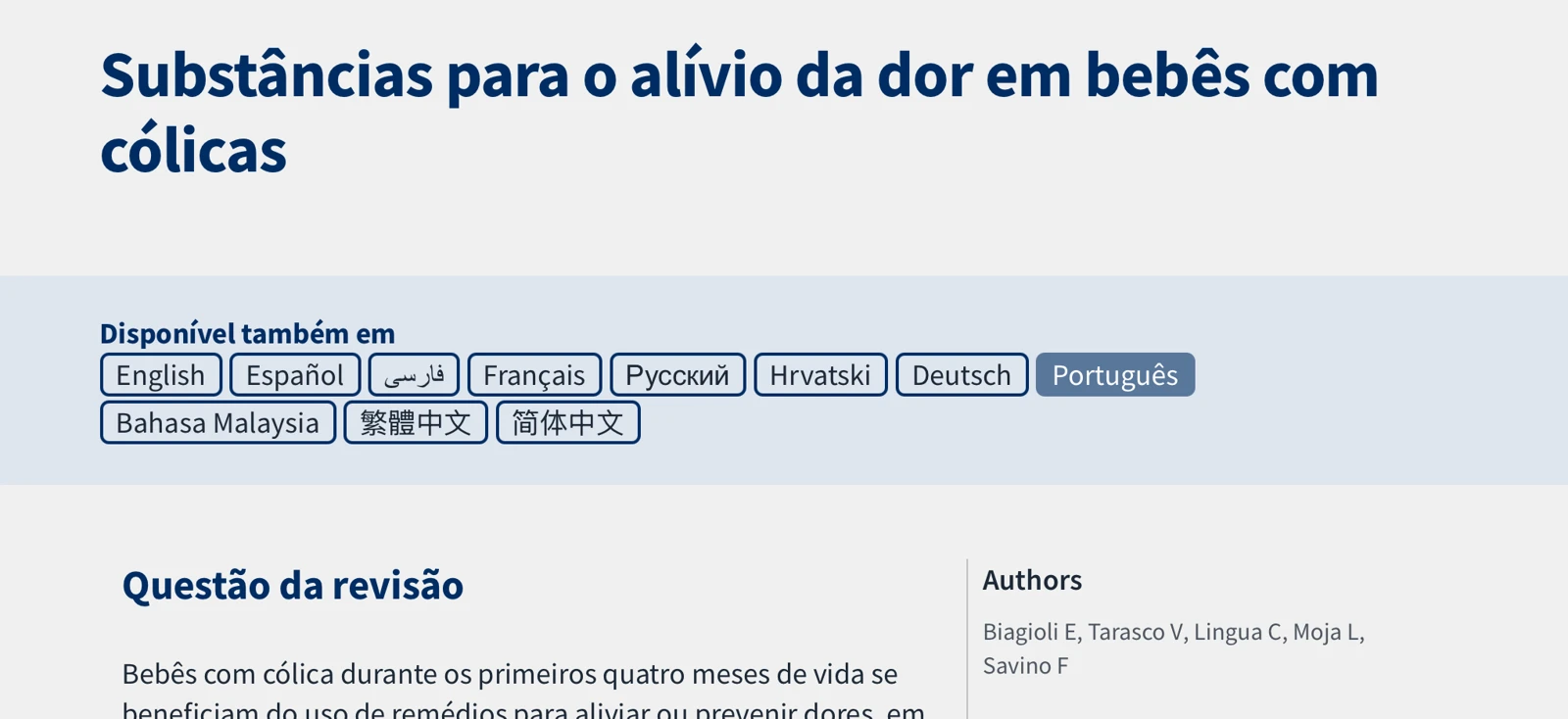 Print da revisão Cochrane sobre substâncias para o alívio da dor em bebês com cólicas.
