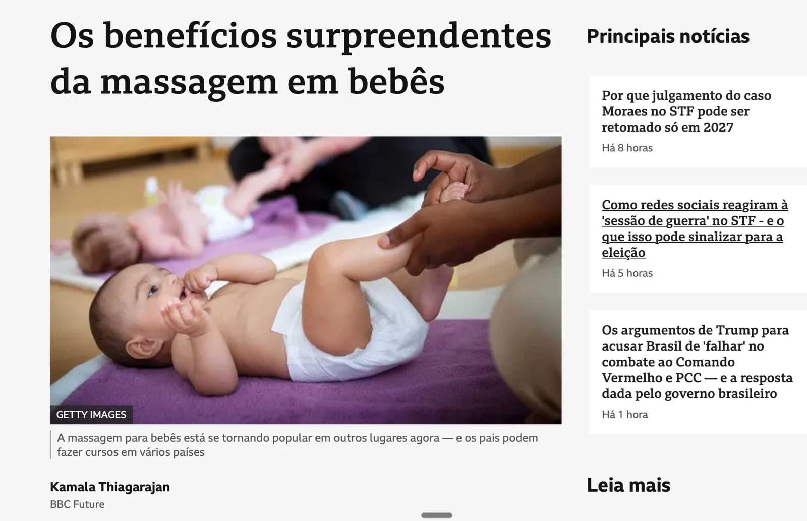 Print da BBC News Brasil sobre os benefícios da massagem em bebês.