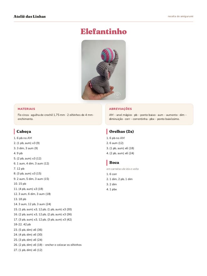 Receita de elefantinho de amigurumi